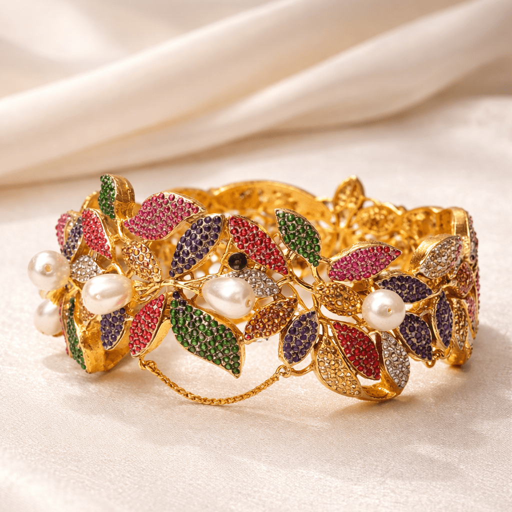Floral Vine Openable Cuff Bangle – 22K Gold Plated | Pearl & Multicolour Stone - Riwaaj