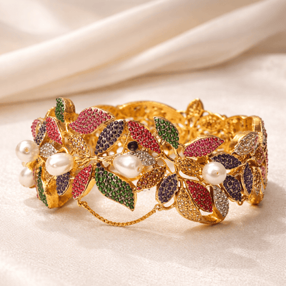 Floral Vine Openable Cuff Bangle – 22K Gold Plated | Pearl & Multicolour Stone - Riwaaj