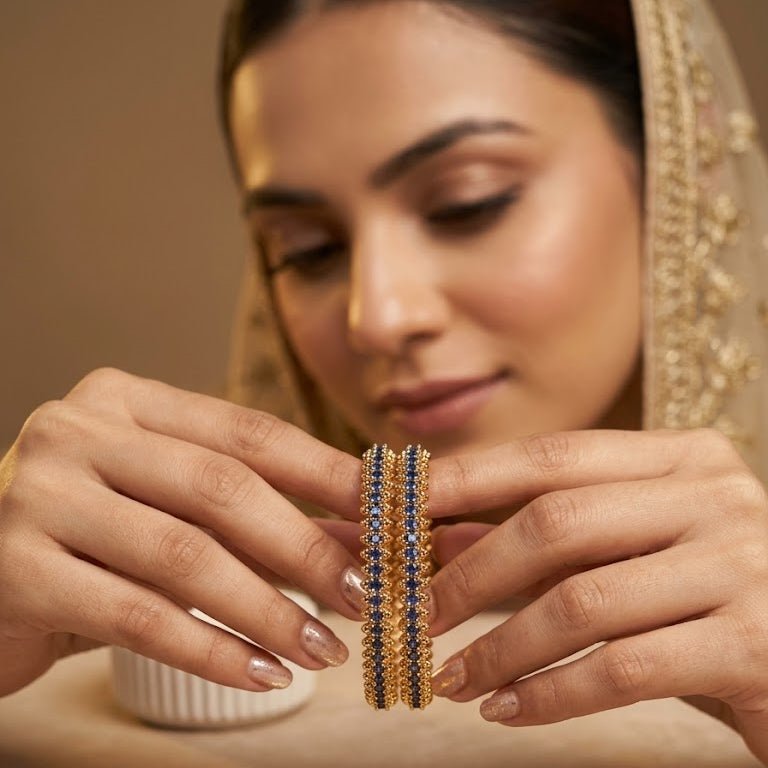22K Gold Plated Prism Bangle Set – Handcrafted Gemstone Pair - Riwaaj