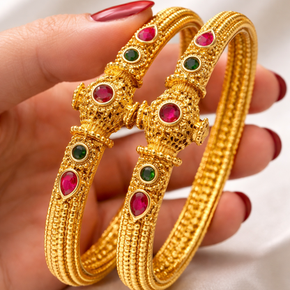 Rajwadi Heritage Openable Kara Pair – Gold Plated | Ruby & Emerald Stone