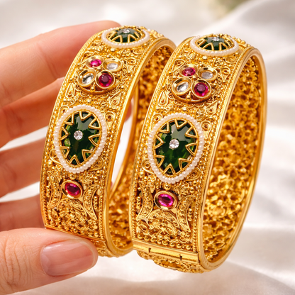 Royal Gemstone Openable Kara Pair – Gold Plated | Pearl & Stone