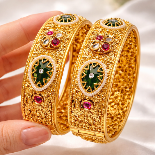 Royal Gemstone Openable Kara Pair – Gold Plated | Pearl & Stone