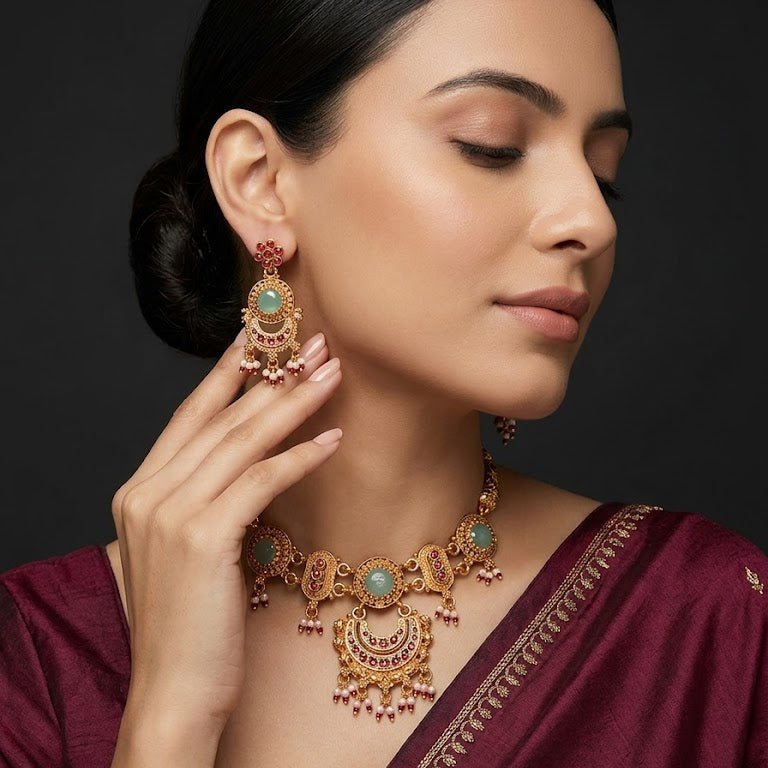 The Rajkumari Heritage Chandbali & Jade - Stone Jewelry Set - Riwaaj
