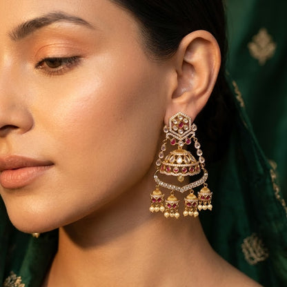 Majestic Chandbali Jhumka Earrings – Gold Kundan with Ruby & Emerald Drops