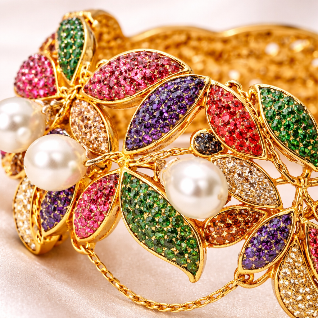 Floral Vine Openable Cuff Bangle – 22K Gold Plated | Pearl & Multicolour Stone - Riwaaj