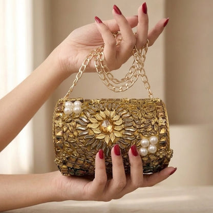 Kundan Gem Clutch – Bridal Evening Bag with Chain