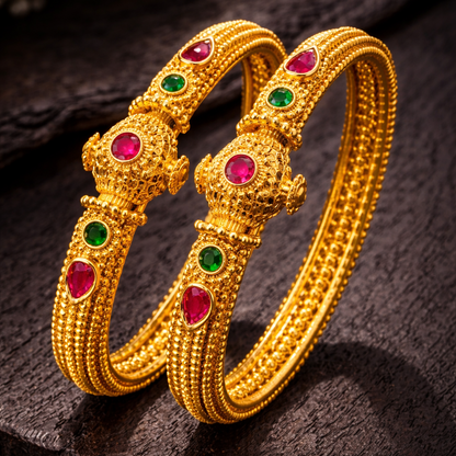 Rajwadi Heritage Openable Kara Pair – Gold Plated | Ruby & Emerald Stone