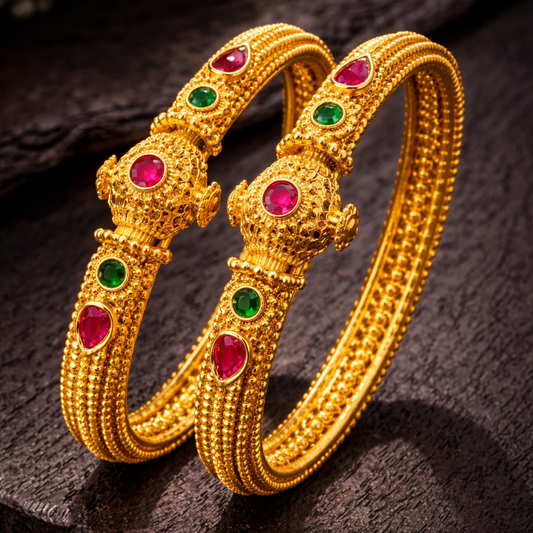 Rajwadi Heritage Openable Kara Pair – Gold Plated | Ruby & Emerald Stone