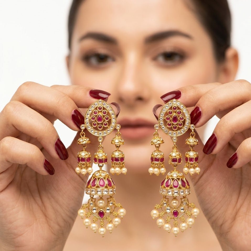 Mughal Mismatched Jhumka Earrings – Ruby, Emerald & Pearl Kundan Gold - Riwaaj