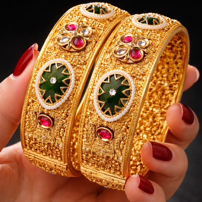 Royal Gemstone Openable Kara Pair – Gold Plated | Pearl & Stone