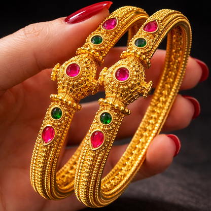 Rajwadi Heritage Openable Kara Pair – Gold Plated | Ruby & Emerald Stone