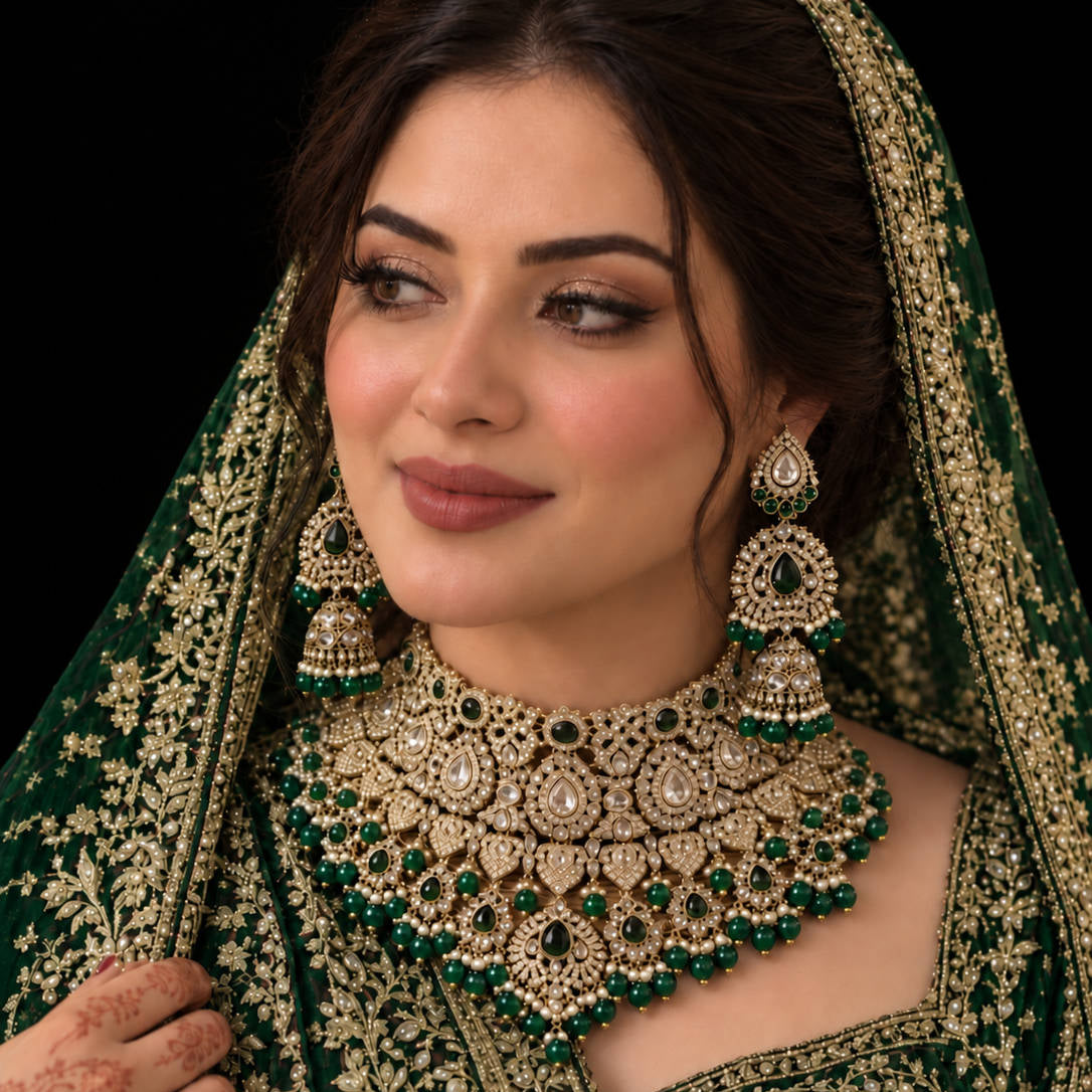 Shahi Noor Emerald Polki Kundan Bridal Jewellery Set