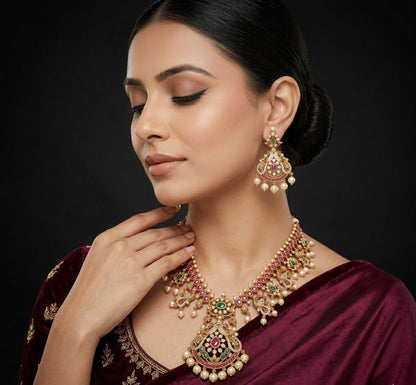 Mayura Heritage Jewellery Set – Antique Gold, Ruby & Emerald with Pearl - Riwaaj