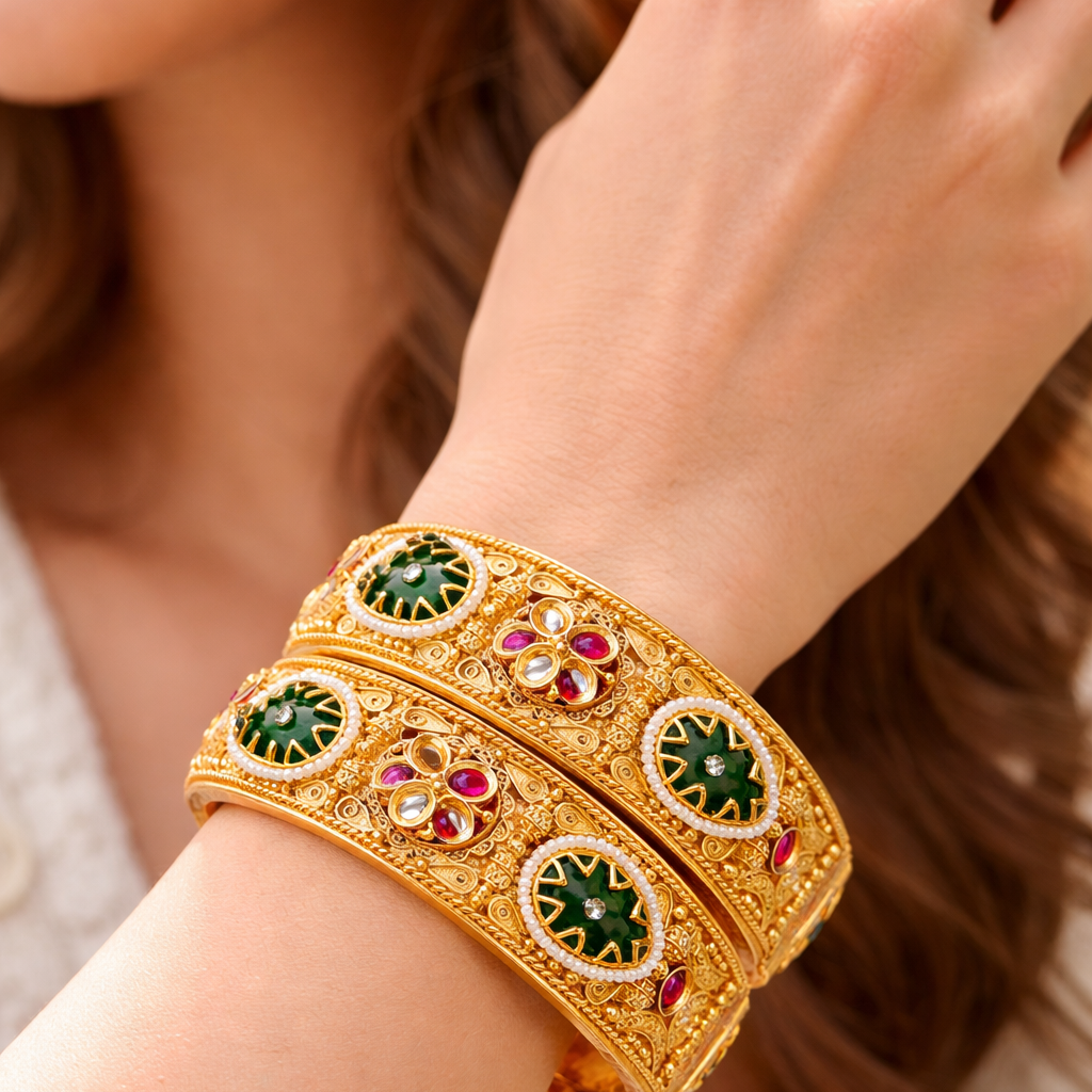 Royal Gemstone Openable Kara Pair – Gold Plated | Pearl & Stone