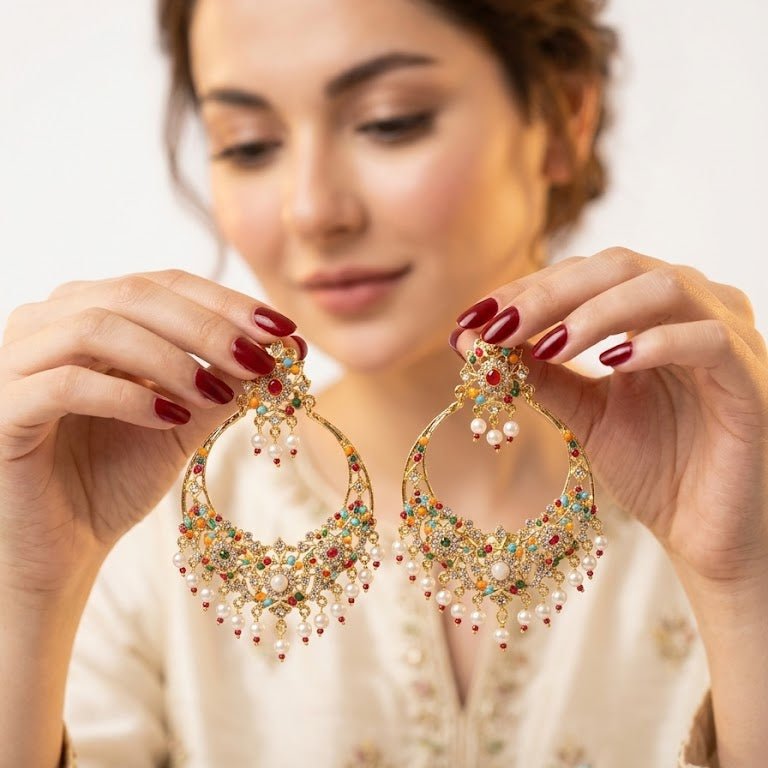 Gul - e - Rang Chandbali Earrings – 22K Gold Multicolour Kundan & Pearl Drops - Riwaaj