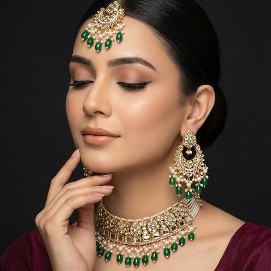 Mehtab Mirror-Work Kundan Jewelry Set - 4 Piece Gold Plated