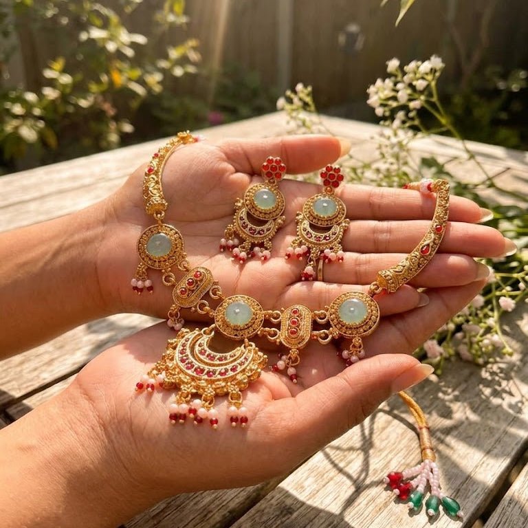 The Rajkumari Heritage Chandbali & Jade - Stone Jewelry Set - Riwaaj