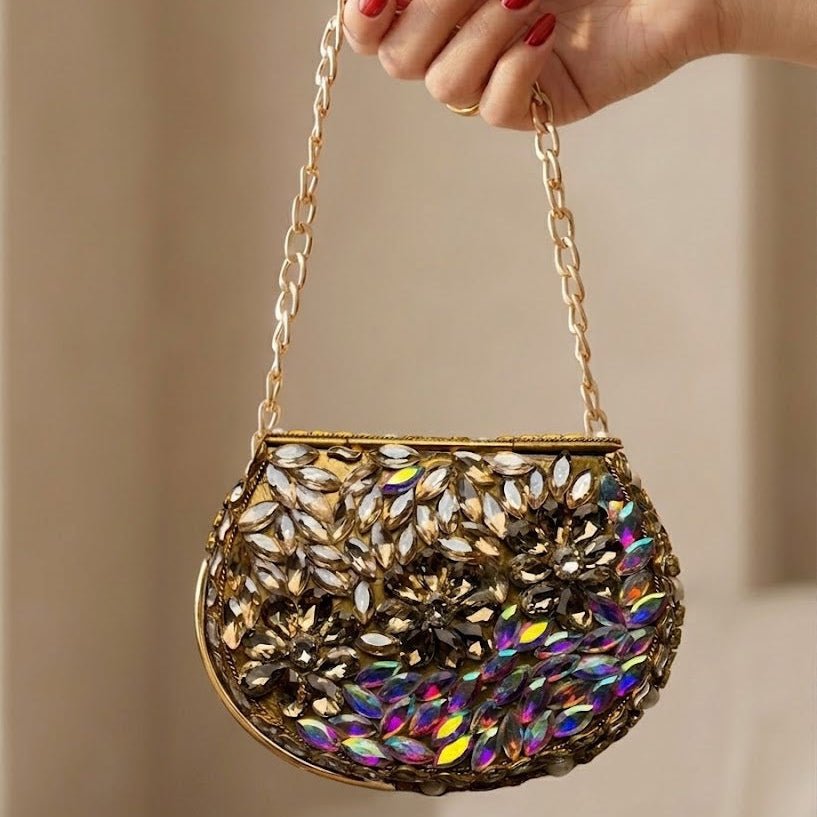Flora Luxe Floral Clutch – Bridal Evening Bag with Chain - Riwaaj