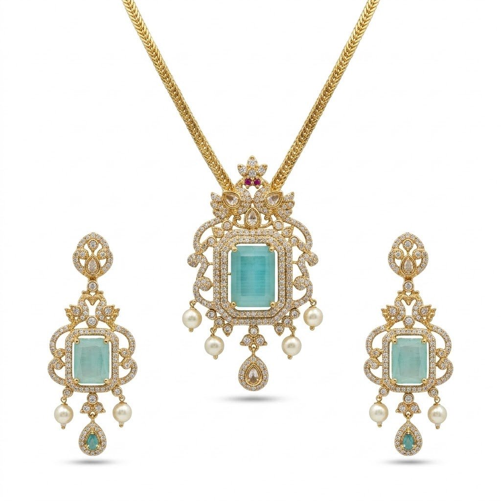 Regal Jadau Kundan Necklace Set with Rectangular Gemstones & Pearl Drops - Riwaaj