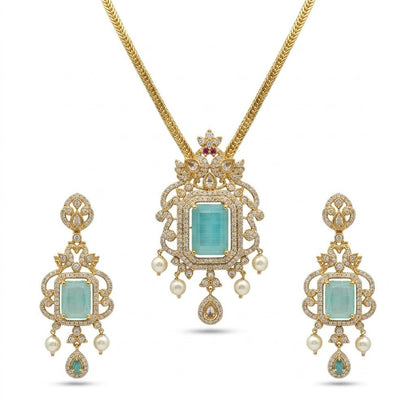 Regal Jadau Kundan Necklace Set with Rectangular Gemstones & Pearl Drops - Riwaaj