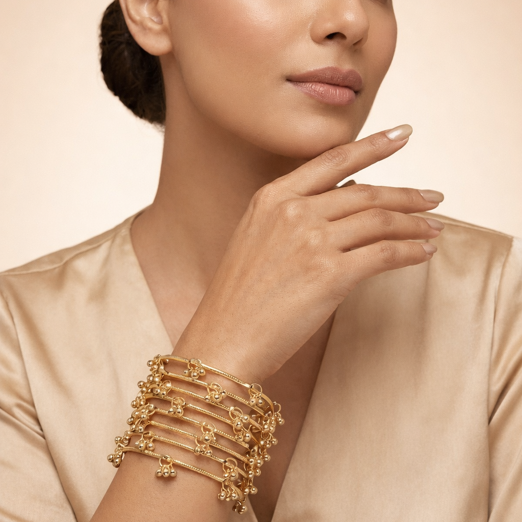 Kashmiri Ghungroo Charm Bangle Set – 22K Gold Plated | Set of 8 |