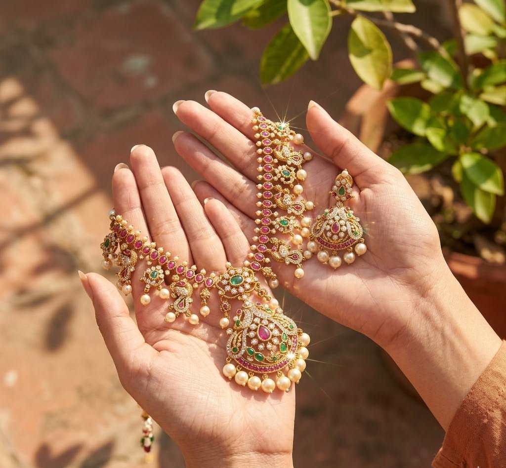 Mayura Heritage Jewellery Set – Antique Gold, Ruby & Emerald with Pearl - Riwaaj