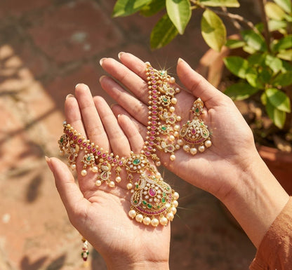Mayura Heritage Jewellery Set – Antique Gold, Ruby & Emerald with Pearl - Riwaaj