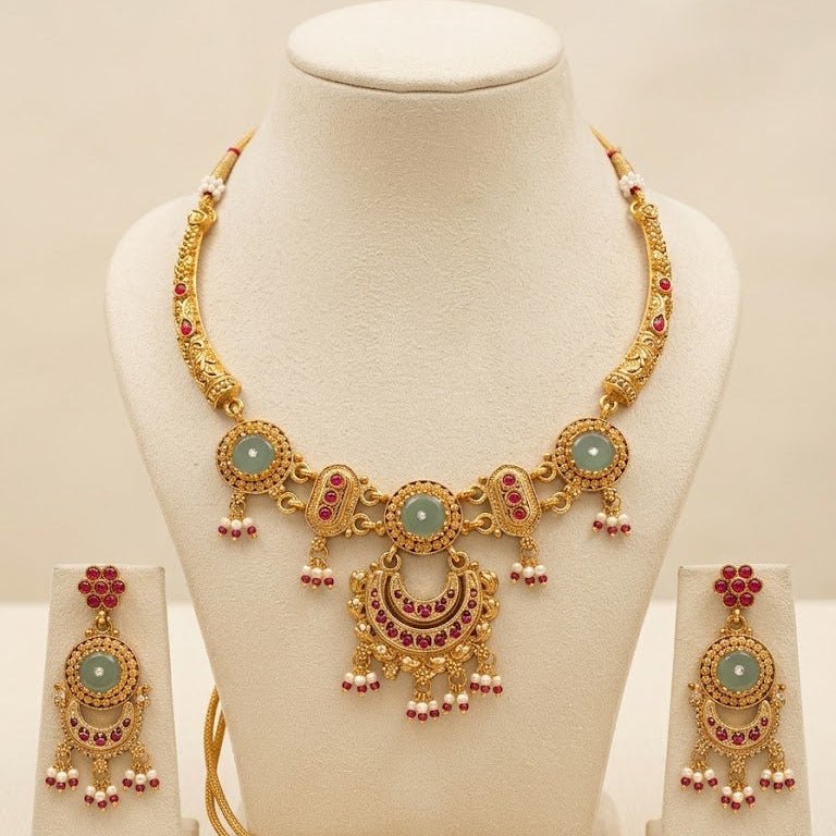 The Rajkumari Heritage Chandbali & Jade - Stone Jewelry Set - Riwaaj