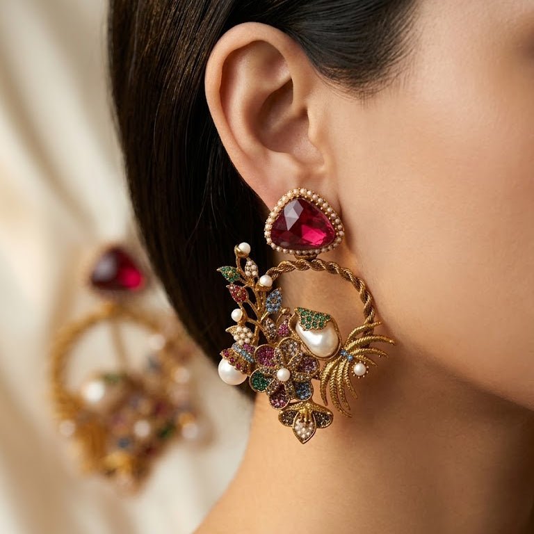 Imperial Pearl & Gemstone Encrusted Hoops - Riwaaj
