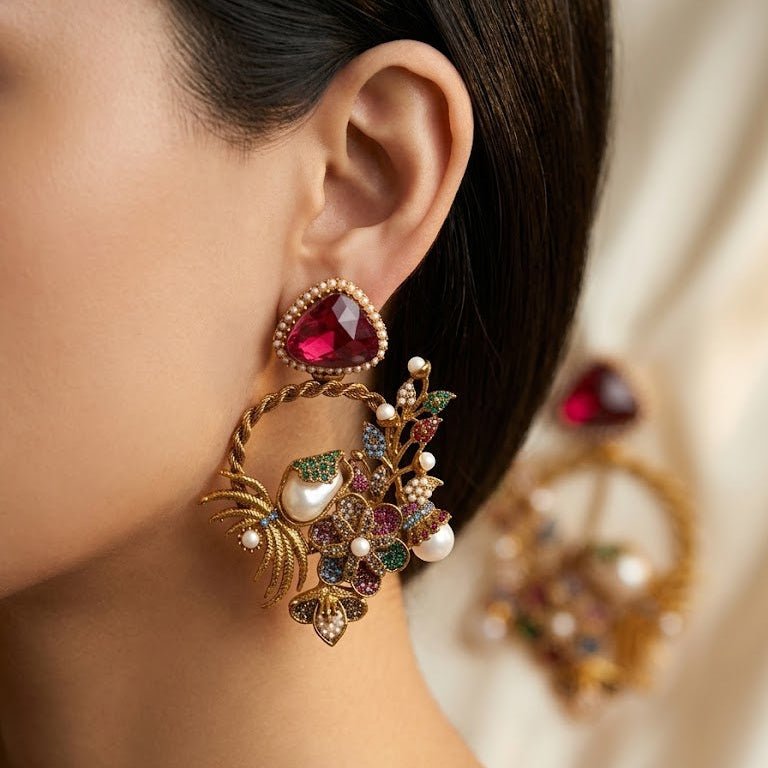 Imperial Pearl & Gemstone Encrusted Hoops - Riwaaj