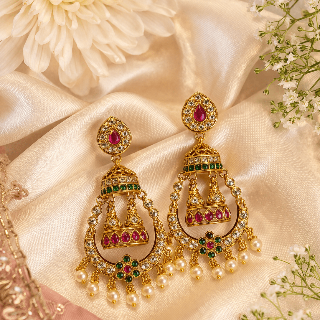 Zara Bridal Jhumka Earrings – Antique Gold Kundan with Pearl Drops - Riwaaj