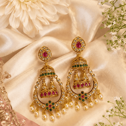 Zara Bridal Jhumka Earrings – Antique Gold Kundan with Pearl Drops - Riwaaj