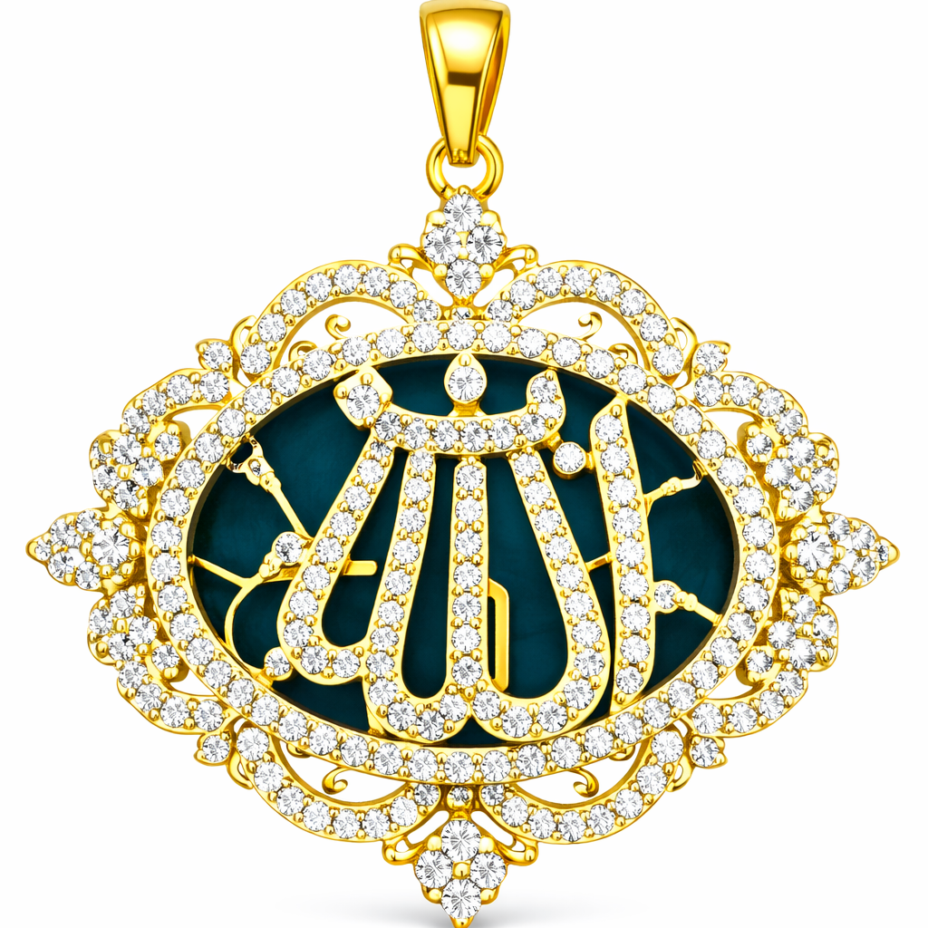 Elegant gold-plated Allah pendant with sparkling zircon stones.