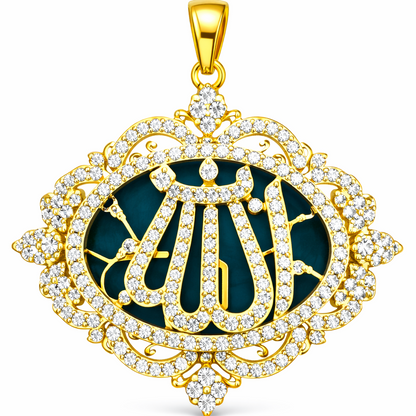 Elegant gold-plated Allah pendant with sparkling zircon stones.