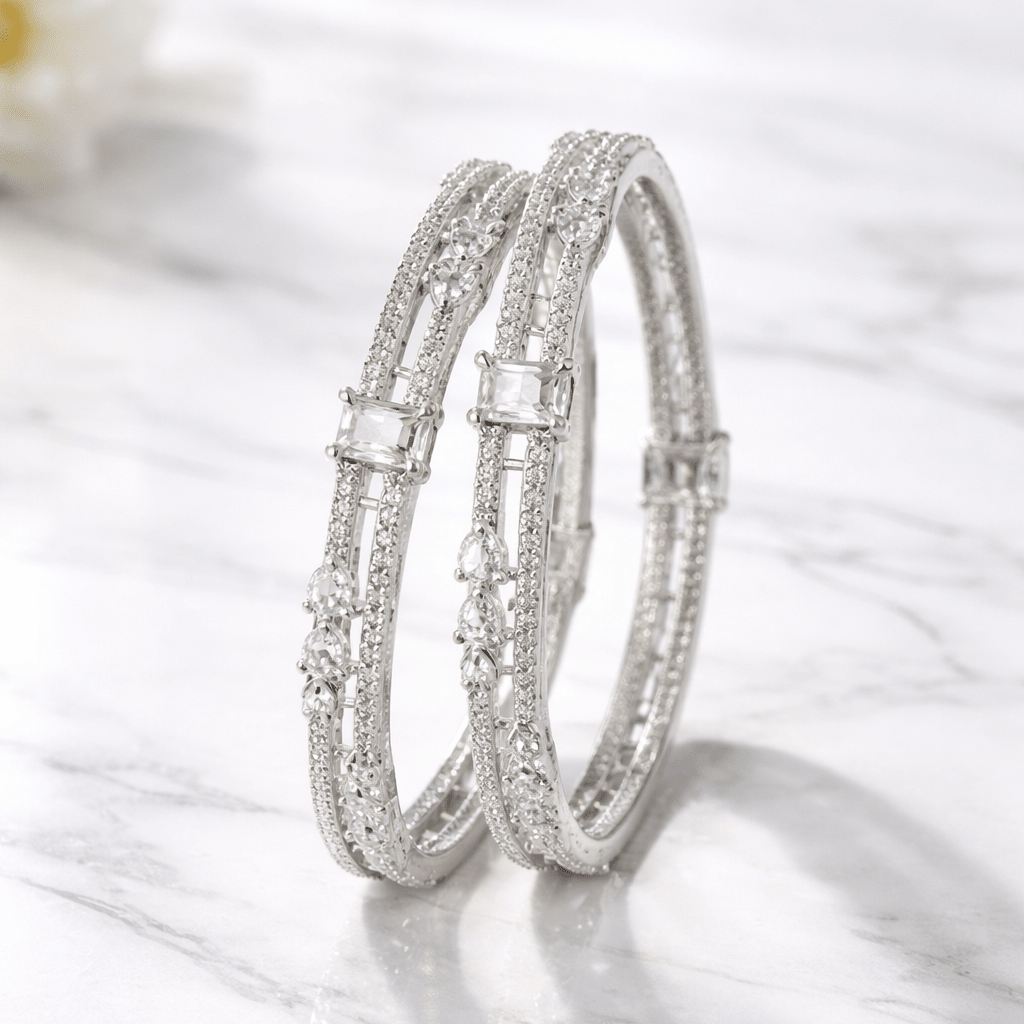 Hoorain Zirconia Bangles - 22K Silver Plated Diamond - Cut Bracelets - Riwaaj