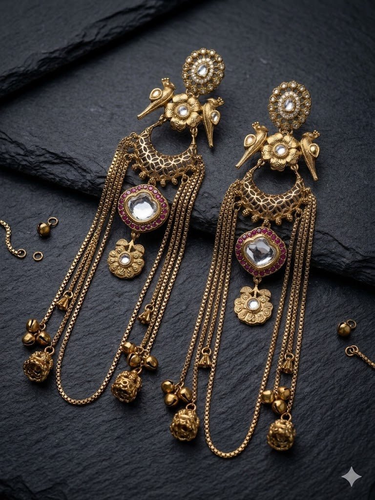 Kashmiri Tassel Earrings – 22K Gold Long Statement Drops with Mirror Stones - Riwaaj