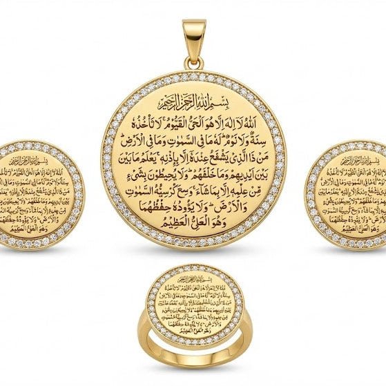 Ayat al - Kursi Locket Set – 22K Gold Plated | 3 - Piece Islamic Jewellery Set | Earrings, Pendant & Ring - Riwaaj