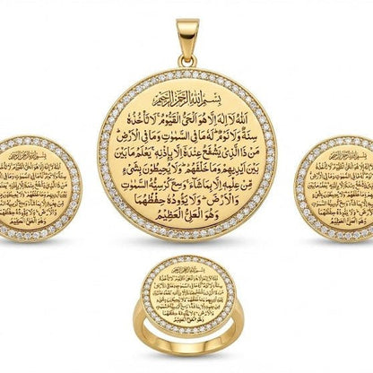 Ayat al - Kursi Locket Set – 22K Gold Plated | 3 - Piece Islamic Jewellery Set | Earrings, Pendant & Ring - Riwaaj