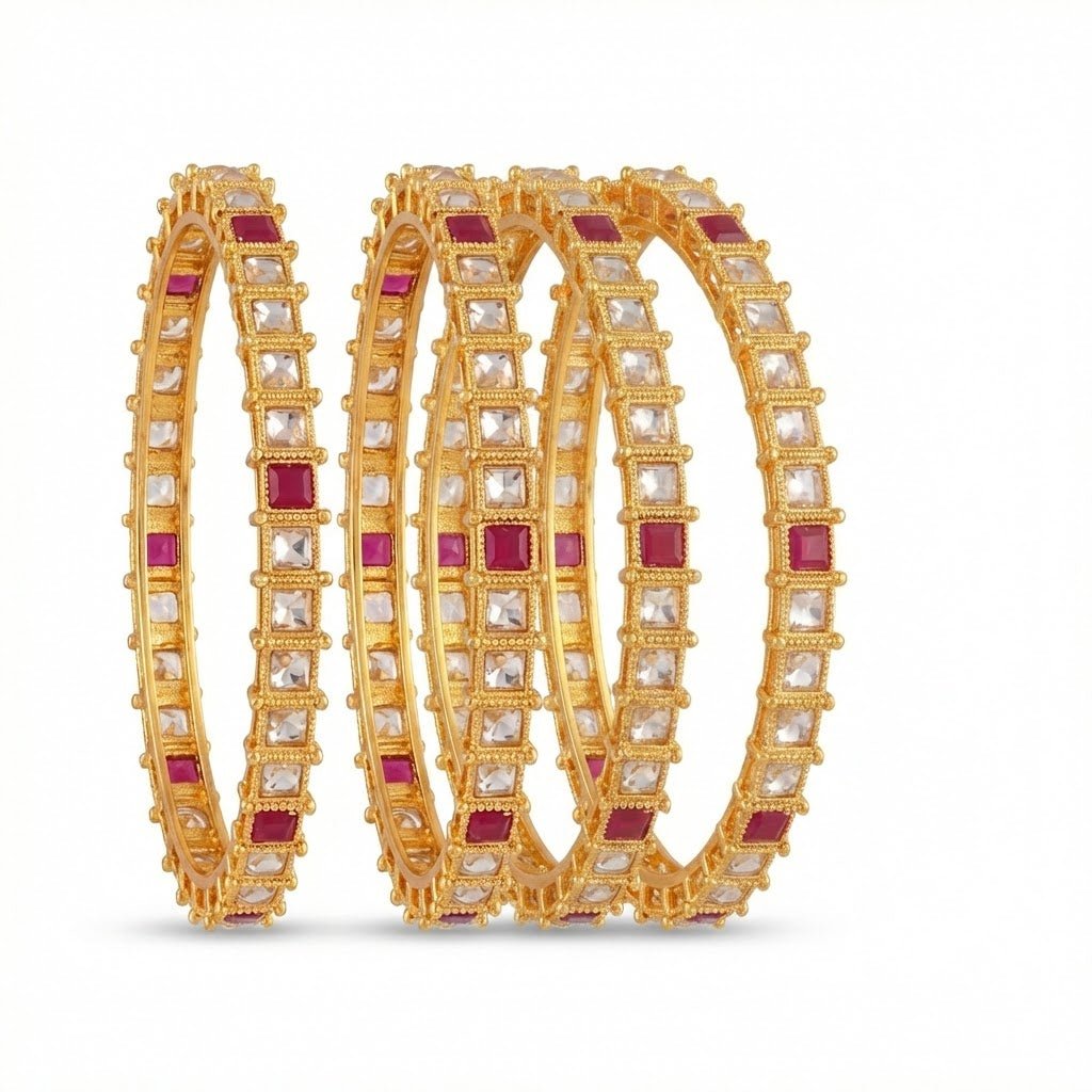 Gold Plated Square - Cut Bangle Set - 4 Piece with Ruby & Crystal Stones - Riwaaj