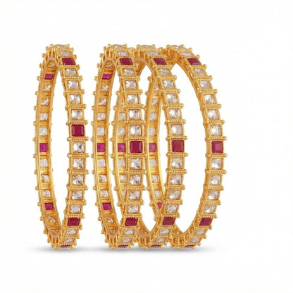 Gold Plated Square - Cut Bangle Set - 4 Piece with Ruby & Crystal Stones - Riwaaj