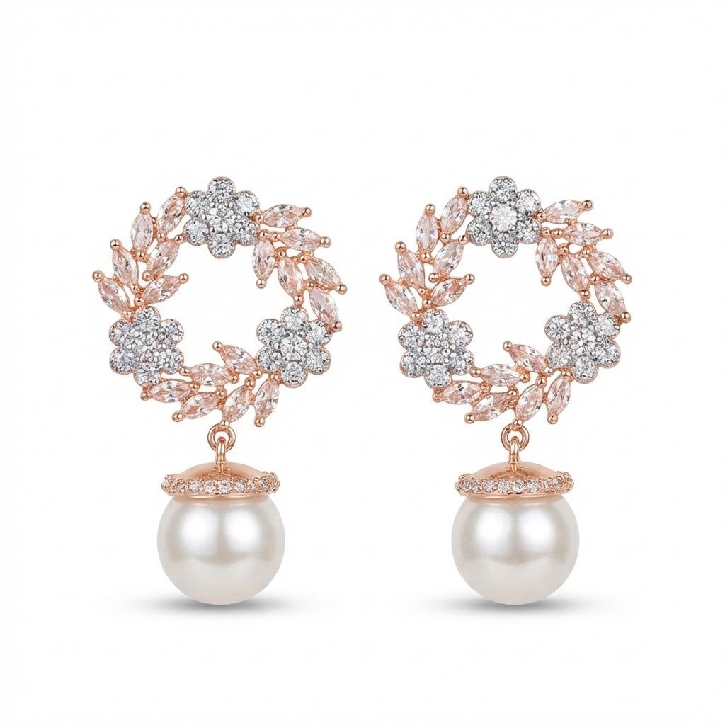 Rose Gold Floral Blossom Drop Earrings - Riwaaj