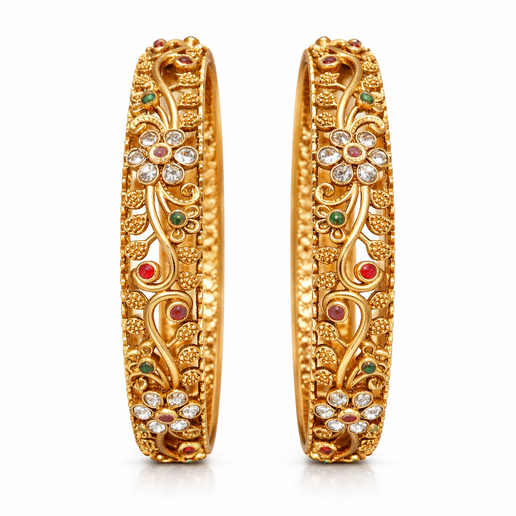 Floral Heritage Bangle Pair – 22K Gold Plated | Handcrafted Stone Carving