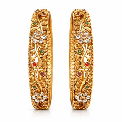 Floral Heritage Bangle Pair – 22K Gold Plated | Handcrafted Stone Carving
