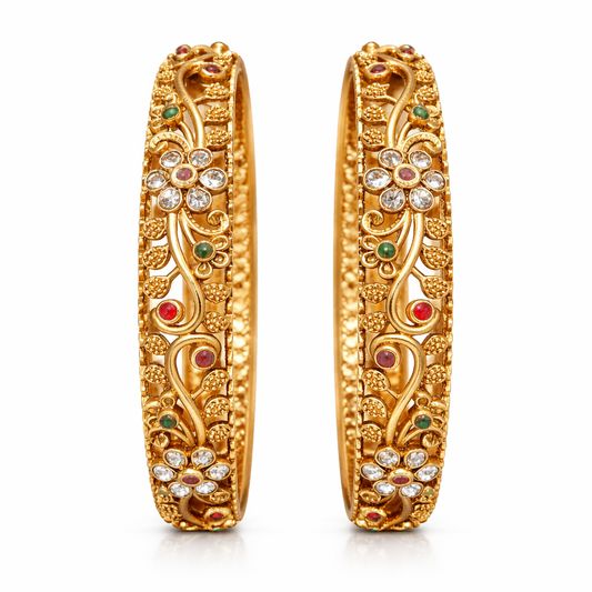 Floral Heritage Bangle Pair – 22K Gold Plated | Handcrafted Stone Carving