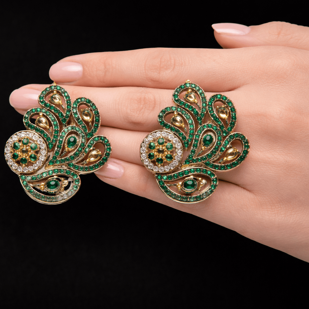 Amber Aura Paisley Earrings – Gold Pavé Statement Studs with CZ Clusters - Riwaaj