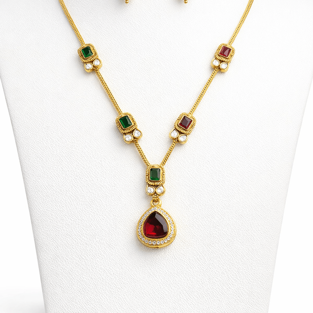 Modern Teardrop Pendant Necklace Set - Contemporary Gold Plated Jewelry - Riwaaj