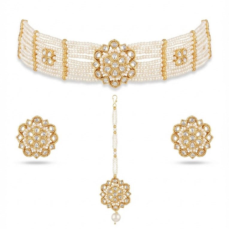 Layered Pearl Choker Set - Gold Plated Kundan Jewelry - Riwaaj