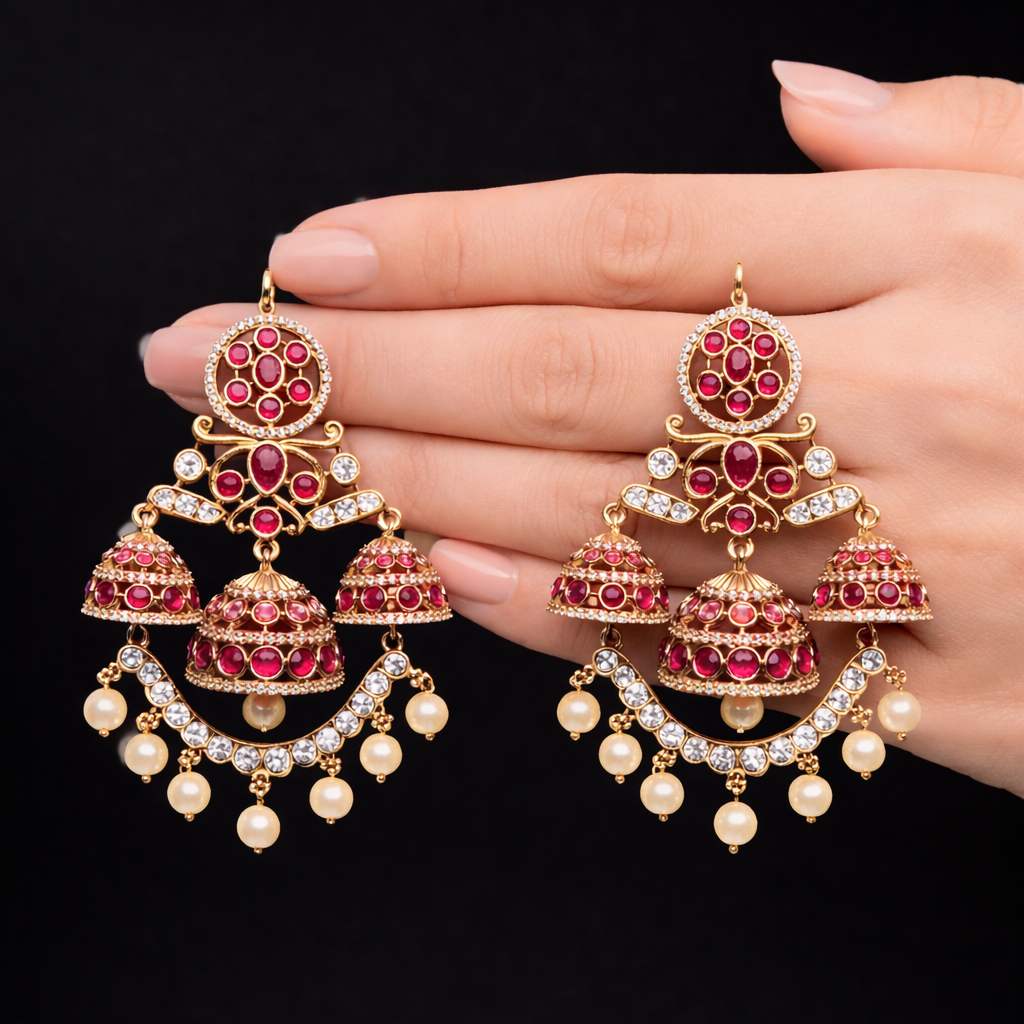 Opulent 'Heirloom' Ruby Cluster Chandelier Jhumkas