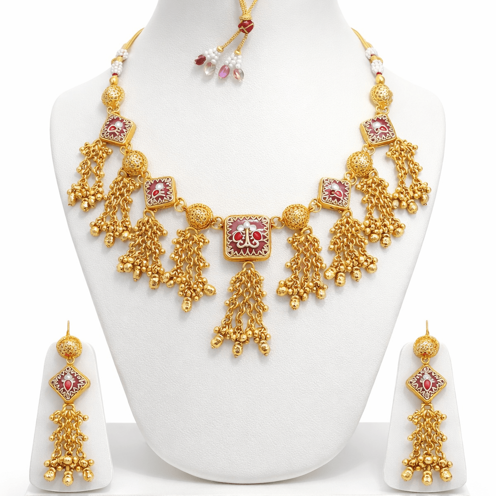 Luminous Meenakari Enamel Jewelry Set with Tassel Earrings - Gold Plated - Riwaaj