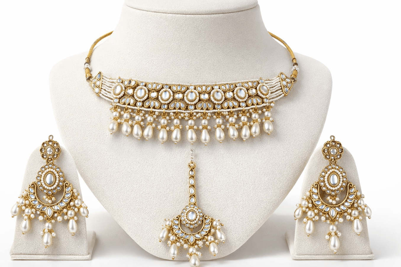 Radiant Mirror - Work Kundan Jewelry Set - 4 Piece Gold Plated - Riwaaj